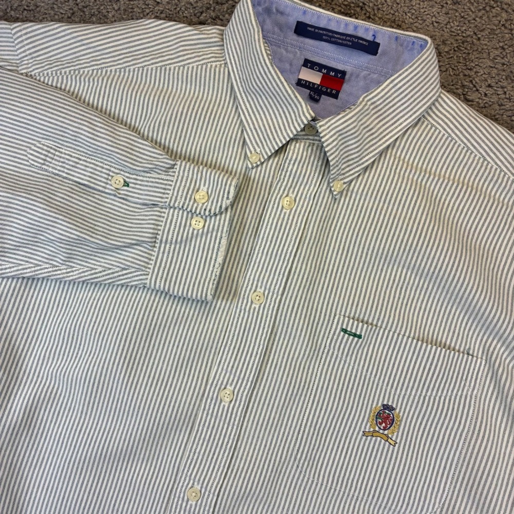 Vintage Tommy Hilfiger Striped Button Down Shirt Green White XL